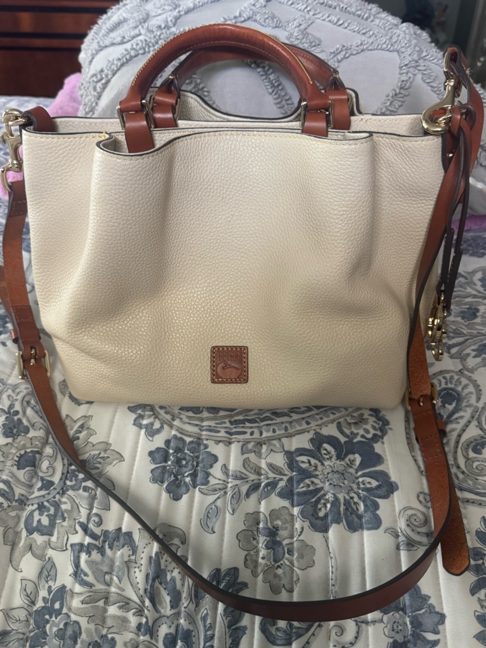 Dooney & Bourke Cream Pebble Leather Tote with Brown Trim and Strap